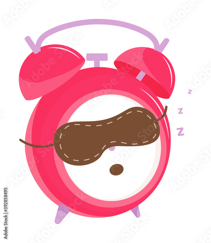 Funny alarm clock in sleeping mask on white background