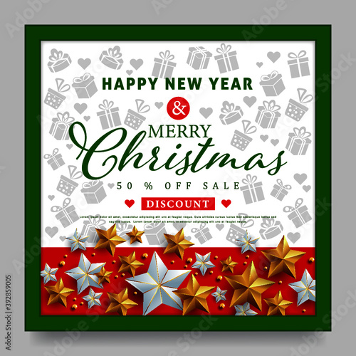 Christmas and New Year voucher discount with silver and golden stars .Vector illustration template.greeting cards.