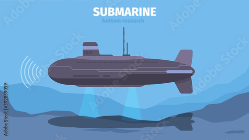 Underwater life with submarine. Ocean background landscape exploring outdoor marine wildlife vector concept. Illustration submarine in ocean, ship nautical