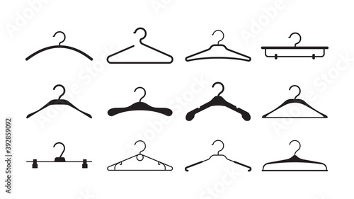 Clothes hangers. Storage wardrobe items fabric hangers with hook black silhouettes vector pictogram. Hanger clothes and clothing fashion rack illustration