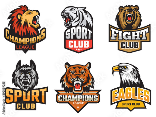 Sport emblem pack. Wild animals stylized picture for logo or team badges shields with mascots animals wolf bear vector. Illustration emblem animal badge, beast mascot for sport team