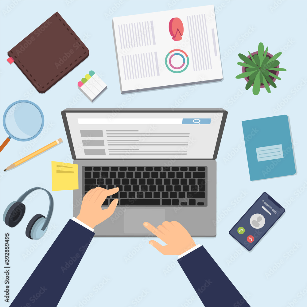 Hands working on laptop. Businessman at work, top view office desk with computer, stationery phone vector illustration. Workspace and workplace, office top typing man Hands working on laptop. Businessman at work, top view office desk with computer, stationery phone vector illustration. Workspace and workplace, office top typing man