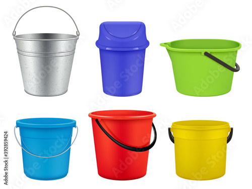 Buckets collection. Empty plastic or metal containers for liquids water or garbage vector realistic buckets. Illustration container empty, bucket for housework