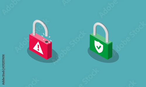 Protected and unprotected padlock symbols, isolated on blue background. Flat design, easy to use for your website or presentation.