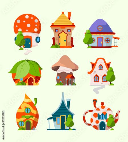 Cute funny houses. Magic fairytale buildings leprechaun room elf forest castles vector cartoon pictures. Illustration mushroom and teapot cottage, magical funny home
