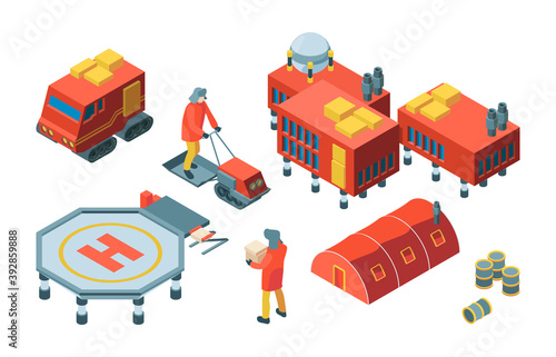 Arctic isometric. North pole expedition meteorology symbols people animals polar flag vector explorer collection. Illustration expedition research, exploration scientific base
