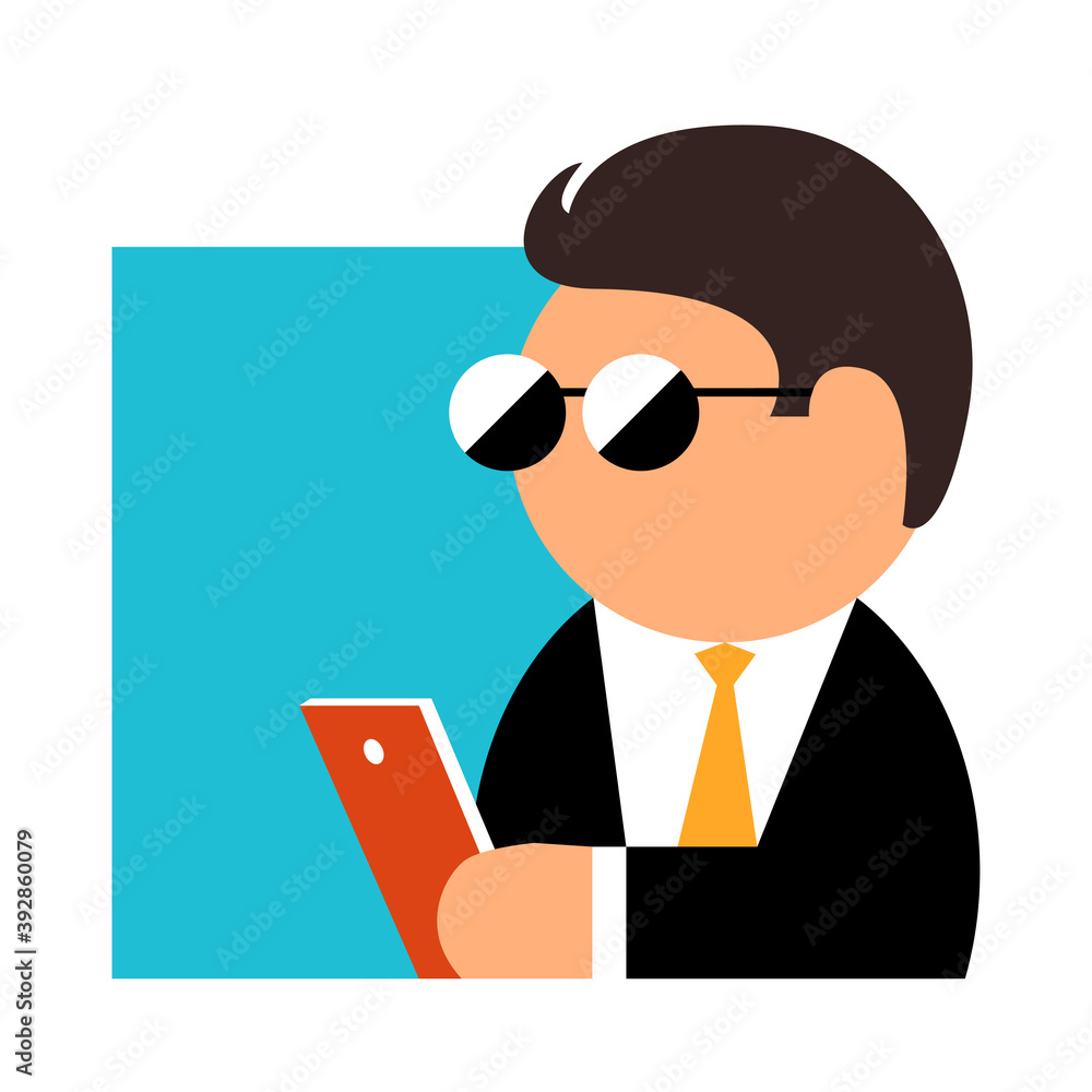 Drawing of a modern business man in sunglasses, a suit and tie. In the hands of a smartphone. Vector isolated illustration in flat style for icon or symbol.