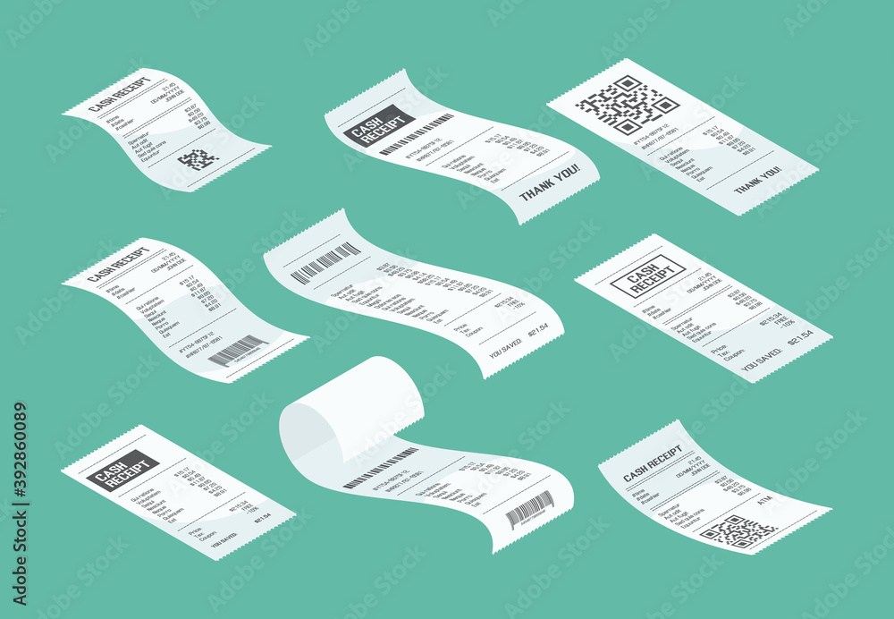 Naklejka premium Purchasing check. Buying receipt calculate purchasing financial document piece of market paper vector isometric. Illustration check from purchasing and buying, calculate financial receipt