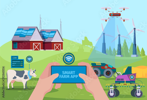 Farmers drones. Background with smart gardening automation vehicle for help farmers nature future technology vector. Illustration smart harvesting, vehicle farming