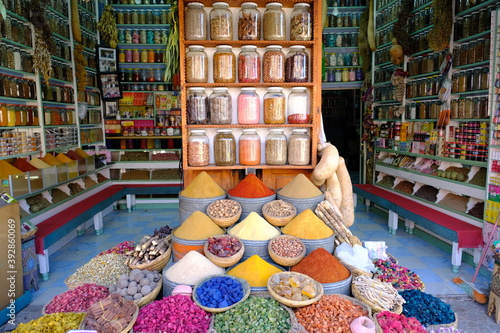 Morocco Marrakesh - Colorful stall spice and dye samples of a spice dealer in Medina photo