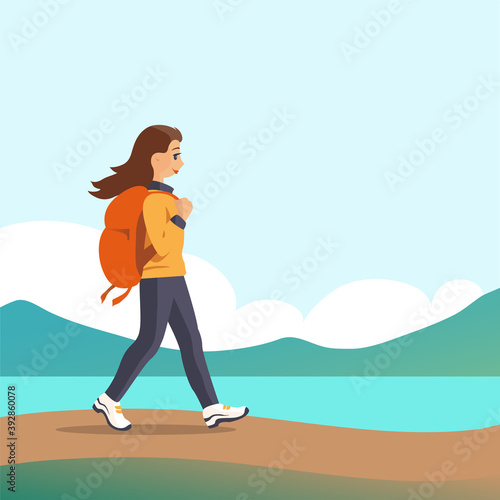 Girl tourist with a backpack goes on the background of nature. A happy smile on his face. Travel and active lifestyle. Vector cartoon illustration.