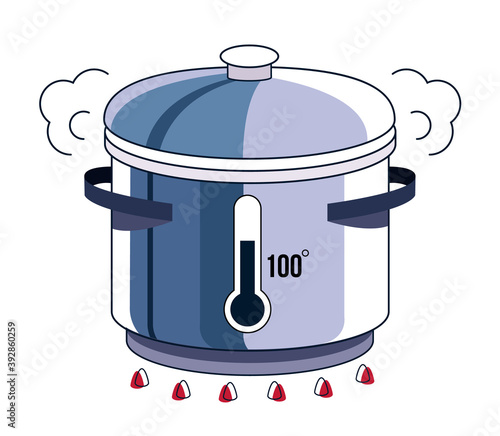Boiling water in pot process isolated on white background