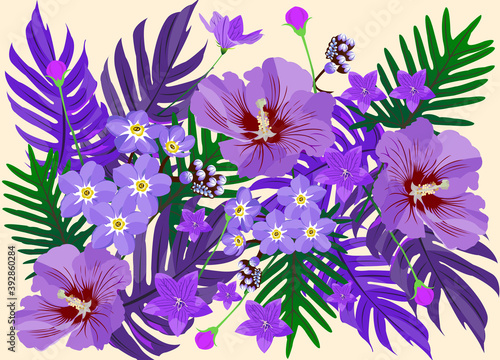 Floral pattern with violet and purple hibiscus flowers, Vector flower illustration. With floral motif. Vector illustration.