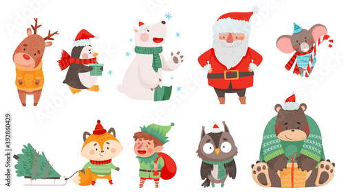 Christmas Characters with Animals Wearing Knitted Scarf and Sweater and Santa Claus Vector Set