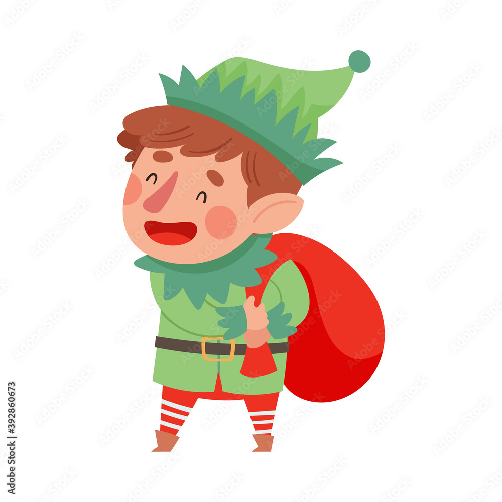 Fairy Elf in Green Hat and Red Stocking Carrying Sack with Gifts Vector Illustration Fairy Elf in Green Hat and Red Stocking Carrying Sack with Gifts Vector Illustration