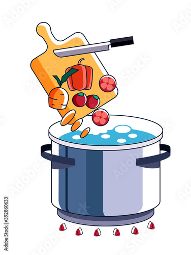 Cooking vegetable recipe in saucepan on white background