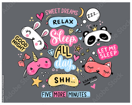 Sleep masks and quotes vector set. Lettering phrases good night, sweet dreams, sleep all day. Blindfold classic and animal shaped - unicorn, cat, rabbit, panda.