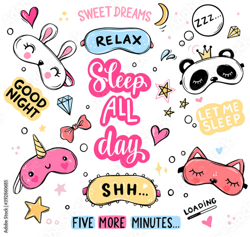 Sleep masks and quotes vector set. Lettering phrases good night, sweet dreams, sleep all day isolated.