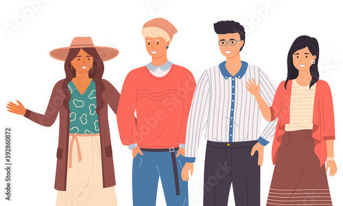 Group of fashion cartoon young people. Stylish teenagers boys and girls standing together on white background. Students of different nationalities. Friendly company waving a welcome gesture