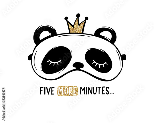 Cute panda with crown sleep mask. Pajama party card. Golden glitter design.