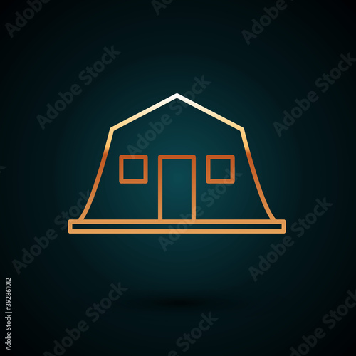 Gold line Military barracks station icon isolated on dark blue background. Airstrikes architecture army. Vector.