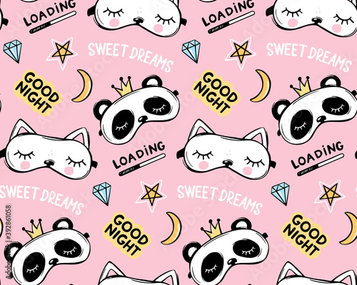 Vector seamless pattern with sleep masks. Panda bear with crown and cute white cat. Cartoon animals background