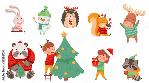 Christmas Characters with Animals Wearing Knitted Scarf and Sweater and Snowman Vector Set