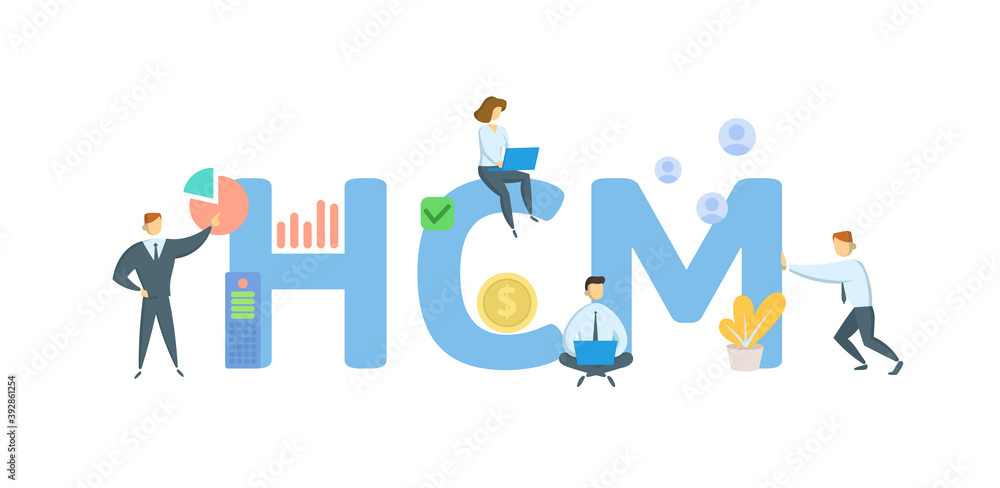 HCM, Human Capital Management. Concept with keywords, people and icons. Flat vector illustration. Isolated on white background.