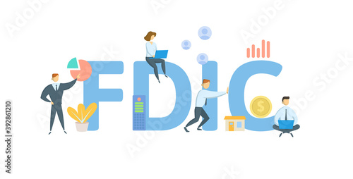 FDIC, Federal Deposit Insurance Corporation. Concept with keywords, people and icons. Flat vector illustration. Isolated on white background.