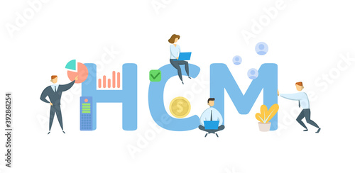 HCM, Human Capital Management. Concept with keywords, people and icons. Flat vector illustration. Isolated on white background.