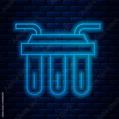 Glowing neon line Water filter icon isolated on brick wall background. System for filtration of water. Reverse osmosis system. Vector.