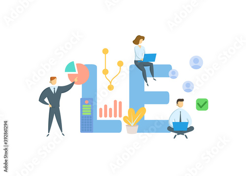LE, Latest Estimate. Concept with keywords, people and icons. Flat vector illustration. Isolated on white background.