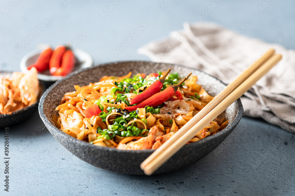 Asian food, wok noodle and vegetables in ceramic bowl, selective focus Asian food, wok noodle and vegetables in ceramic bowl, selective focus