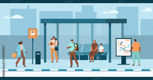 People Characters wearing Facial Medical Masks Waiting for Transport at Bus Station. Woman and Man Passengers Standing at Bus Stop. Public Transportation Concept. Flat Cartoon Vector Illustration.