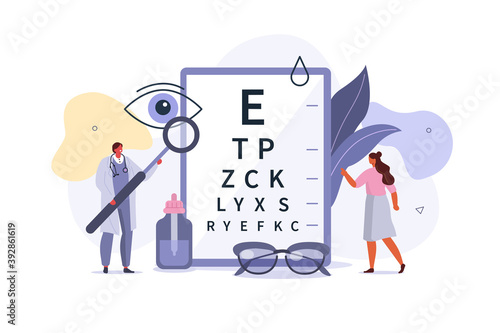 Doctor Ophthalmologist Showing Eye Test Chart to Patient and Checking his Vision. Eyesight Check Up and Glasses Choosing. Ophthalmology Medical Concept. Flat Cartoon Vector Illustration.