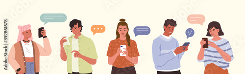 Young Fashionable People Looking on Smartphones and Chatting. Happy Boys and Girls talking and typing on Phone. Female and Male Characters collection. Flat Cartoon Vector Illustration.