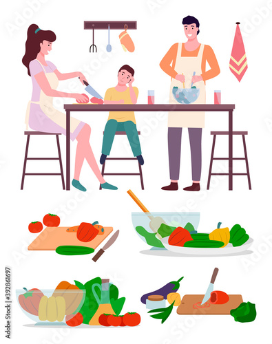 Happy family mom dad and son cooking in kitchen flat illustration. Preparing family dinner in kitchen interior. Dad in an apron makes salad, mom cuts vegetables, boy is sitting at the table