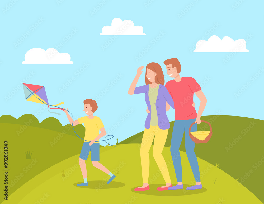 Family weekend with parents and child walking in the park cartoon vector illustration. Fun family walking, rest at nature on the vacation. Dad carries a basket of picnic products, boy launches a kite