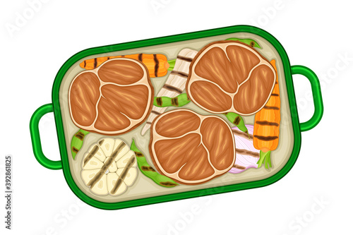 Meat Slice and Grilled Vegetables Rested on Tray Above View Vector Illustration