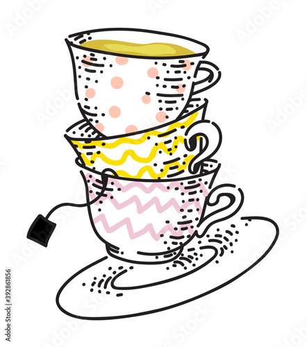 Teacup stack hand-drawn sketch isolated on white background
