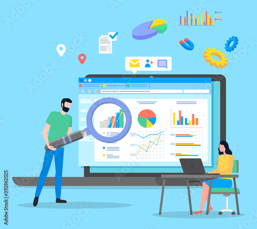 Project management and financial report strategy. Business analysis planning. Woman and man with magnifier analyzes demand on presentation with graphs and charts, choosing way to attract customers