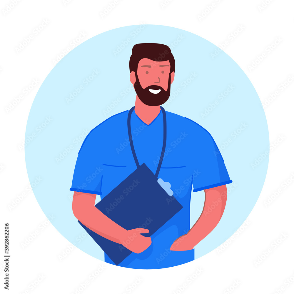 Bearded man doctor with clipboard portrait isolated on white