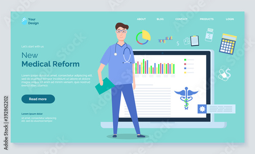 New medical reform landing page template, man doctor wearing uniform with stethoscope against laptop monitor with report statistical chart and medical snake caduceus sign, vector webpage design