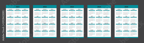 Calendar 2021, 2022, 2023, 2024, 2025 week starts Monday. Vector calendar template design.