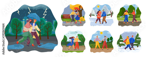 Couple walking in various weather conditions. Man and woman spend time together on a rainy day, winter park or sunny weekend. Young people meet on a date outdoor scenes set flat vector illustration