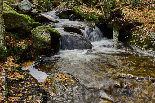 Small waterfalls in the bed of the Sestil de Ma  llo stream. Autumn in the Sierra de Guadarrama National Park. Madrid s community. Spain