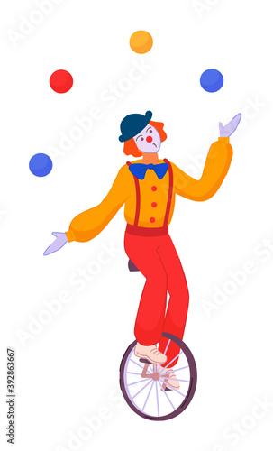Clown juggling ball balancing on unicycle isolated on white