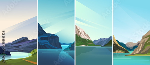 Collection of fjord landscapes. Beautiful nature sceneries in vertical orientation. photo