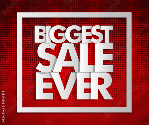 Biggest sale ever paper marker banner tag. Abstract pointer sale pop-art style background. Advertising paper cut discounts poster illustration. Text frame "BIGGEST SALE EVER" paper brochure billboard