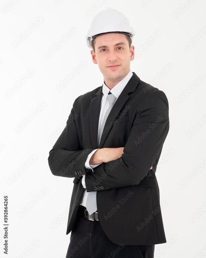 Engineer or architect business man in suit. Male businessman wearing white hard hat helmet smiling happy. Proud and confident. Young male engineer isolated on white background. Engineer or architect business man in suit. Male businessman wearing white hard hat helmet smiling happy. Proud and confident. Young male engineer isolated on white background.